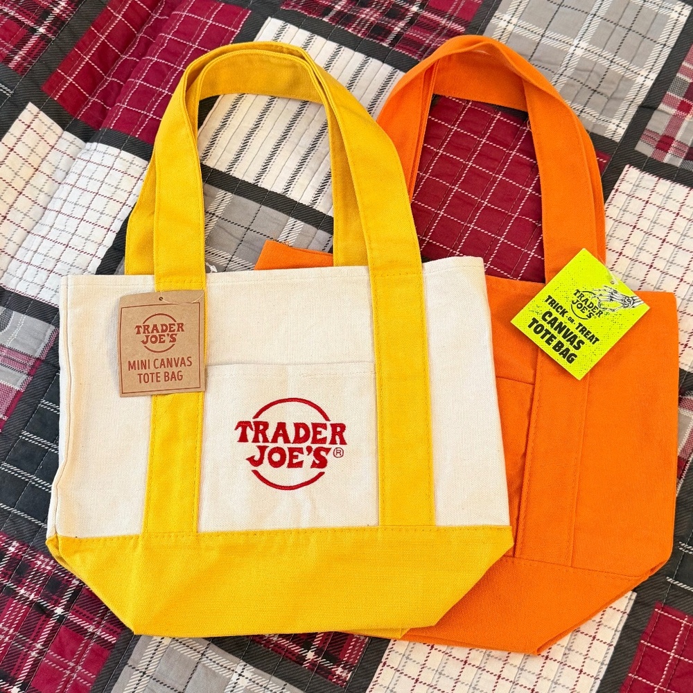 Trader Joe’s Mini Canvas Tote Bags Set of 2 NWT Yellow & Orange Small Grocery To